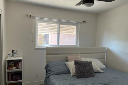 Sequence showing a bedroom window with roller shades open highlighting the versatility and effectiveness of custom window shades for bedrooms.